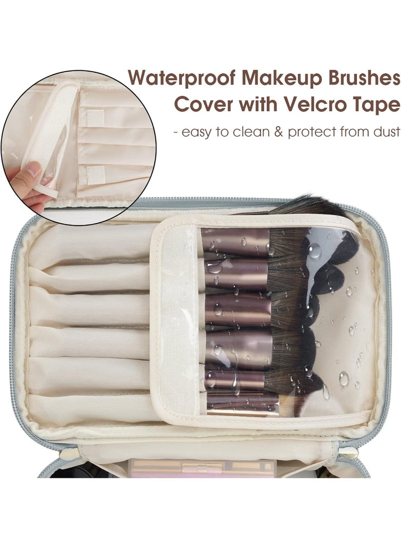 Travel Makeup Bag with Brush Compartment, Large Cosmetic Bags, PU Leather Makeup Case with Handle, Water-Resistant for Women, Greyish Blue (Patent Pending) - Image 2